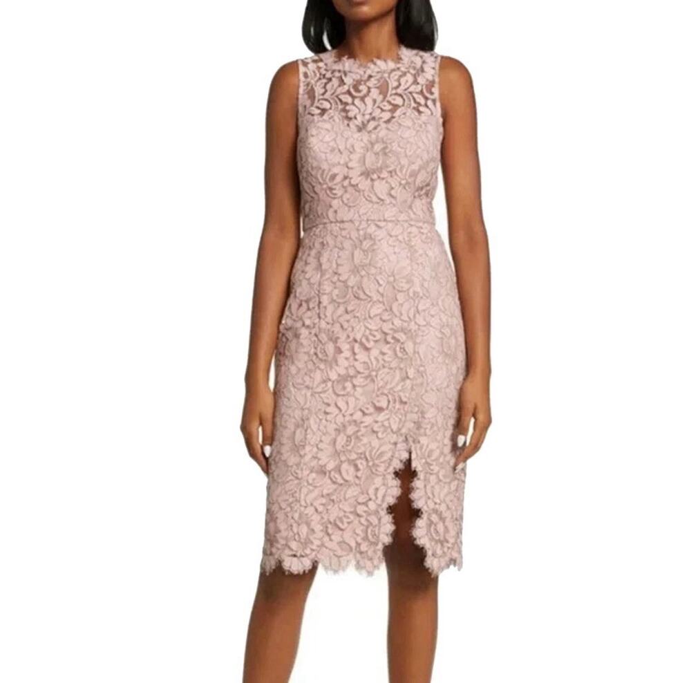 Eliza J Lace Applique Illusion Neck Sheath Dress Women's 8 Blush Pink Sleeveless